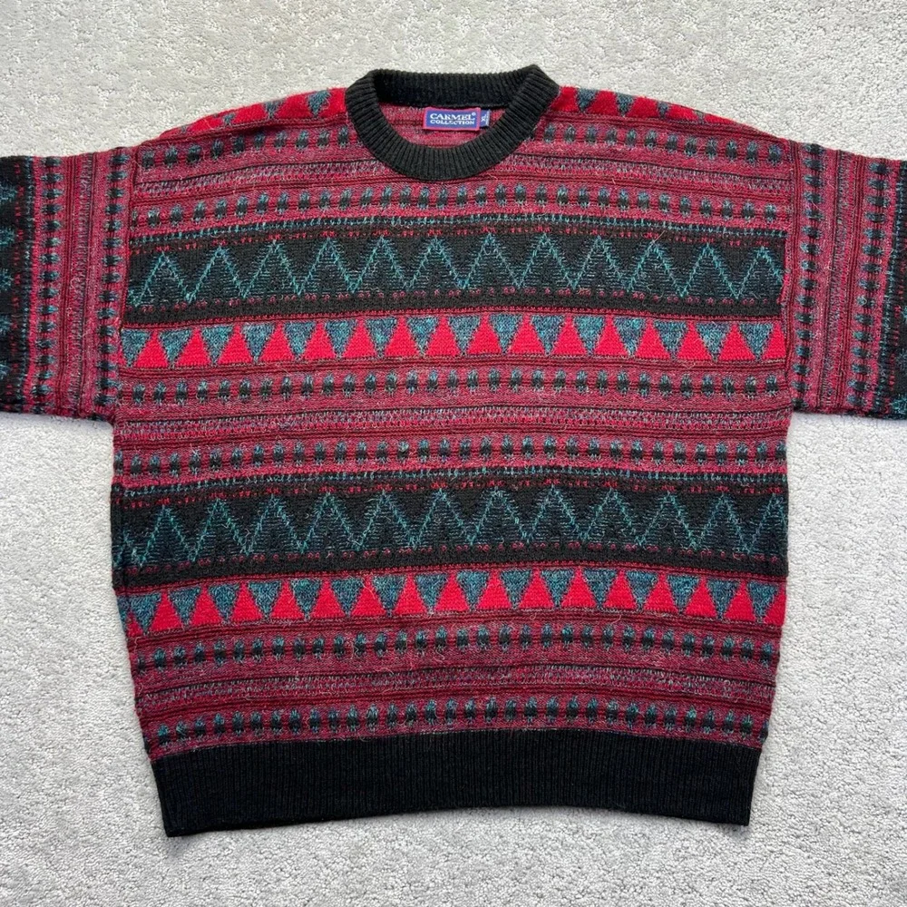 VINTAGE Carmel Collection Sweater Mens XL Red Black Geometric Knit Made in USA